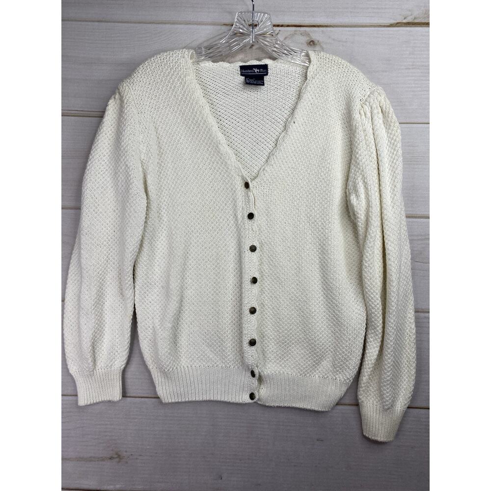 Vtg Hunters Run Sweater Cardigan Womens L Cottagecore Puff Sleeve Cream Granny